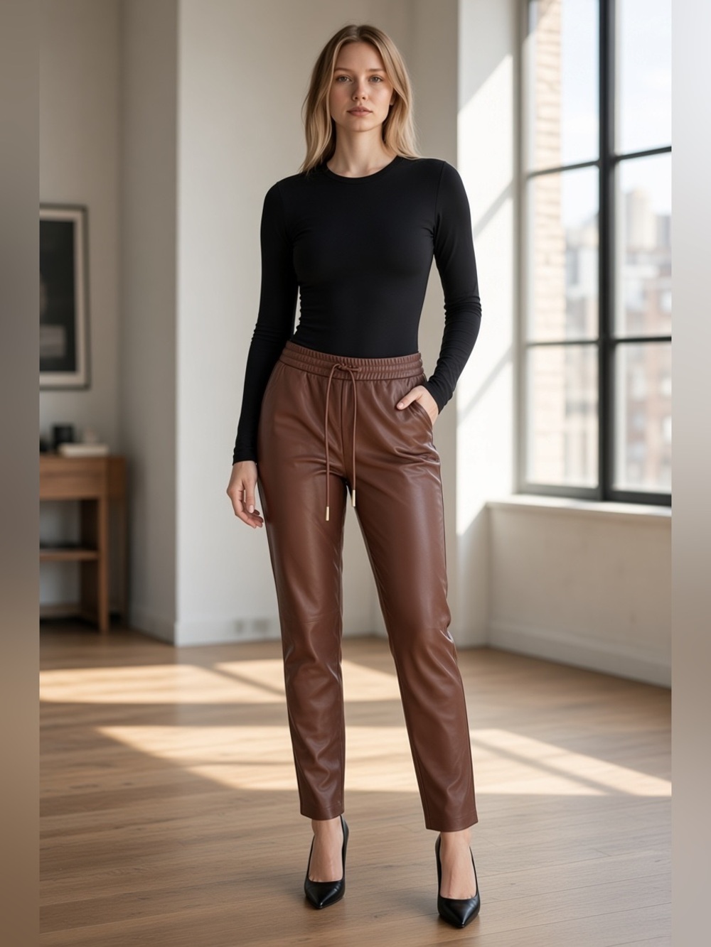 NWOT Candice Cameron Bure Brown Fashionable Women’s Faux Leather Jogger Pants